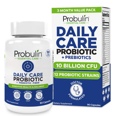 Probulin Daily Care bottle front showing 10 billion CFU capsules for daily digestive support.