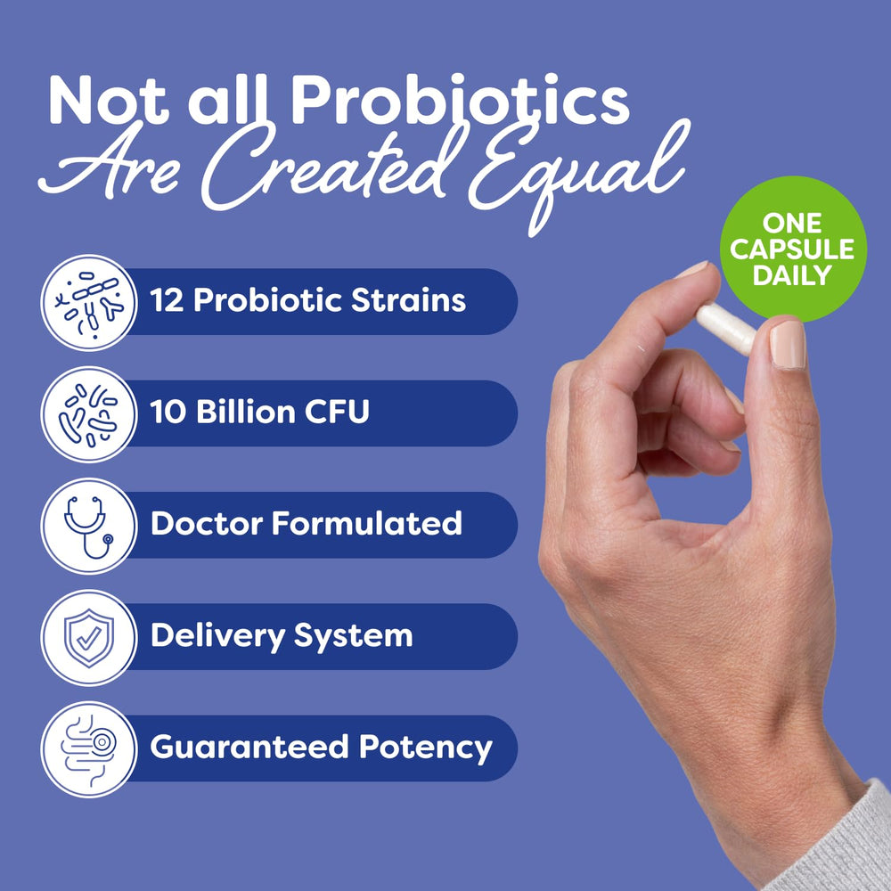 Probulin Daily Care capsules pour illustrates easy daily intake for gut health.