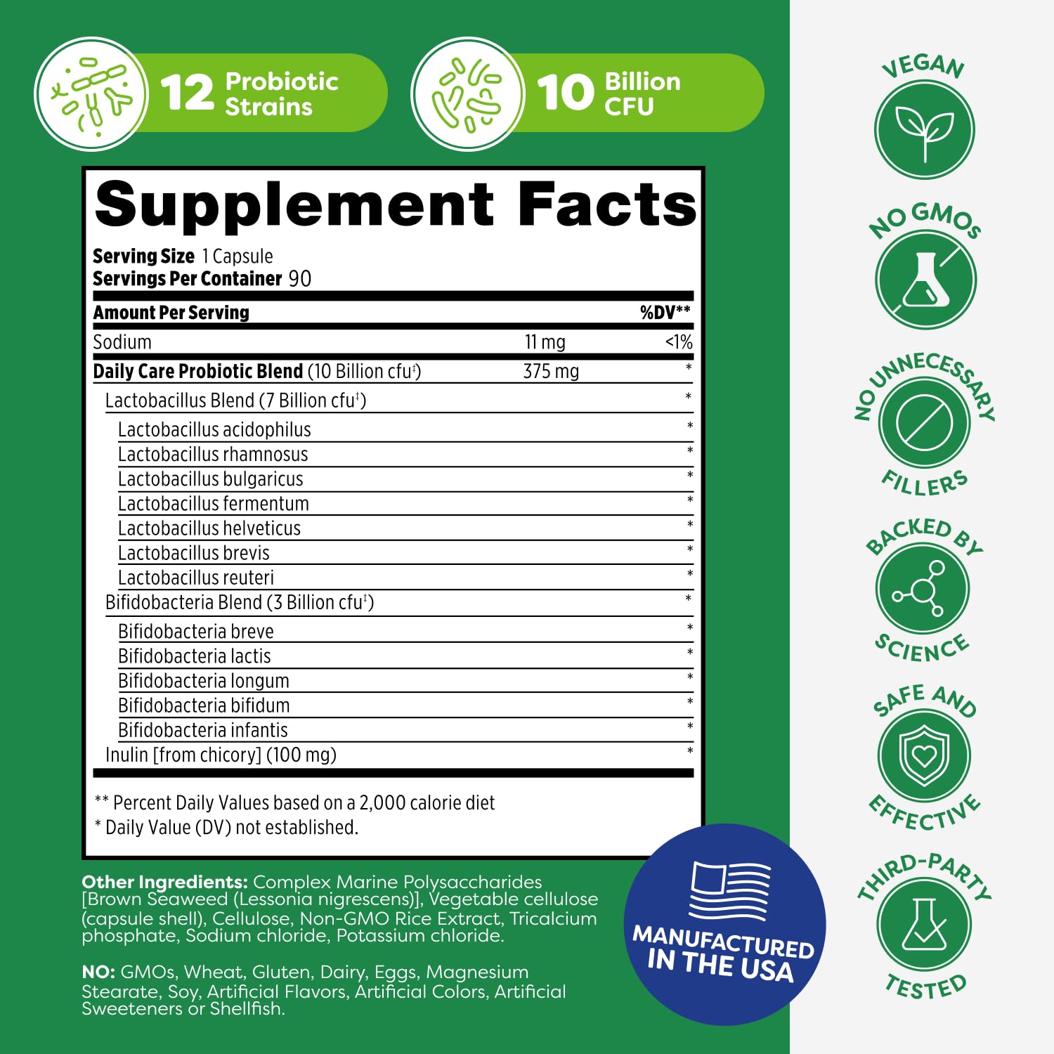 Probulin Daily Care ingredient list graphic indicating prebiotics and postbiotics.