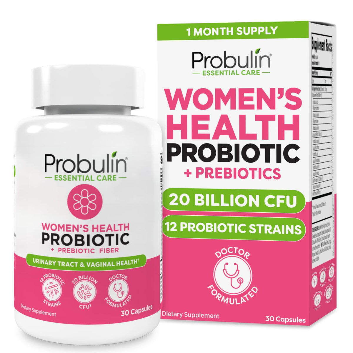 Probulin Women's Probiotic bottle shows 20B CFU for daily gut and immune support.