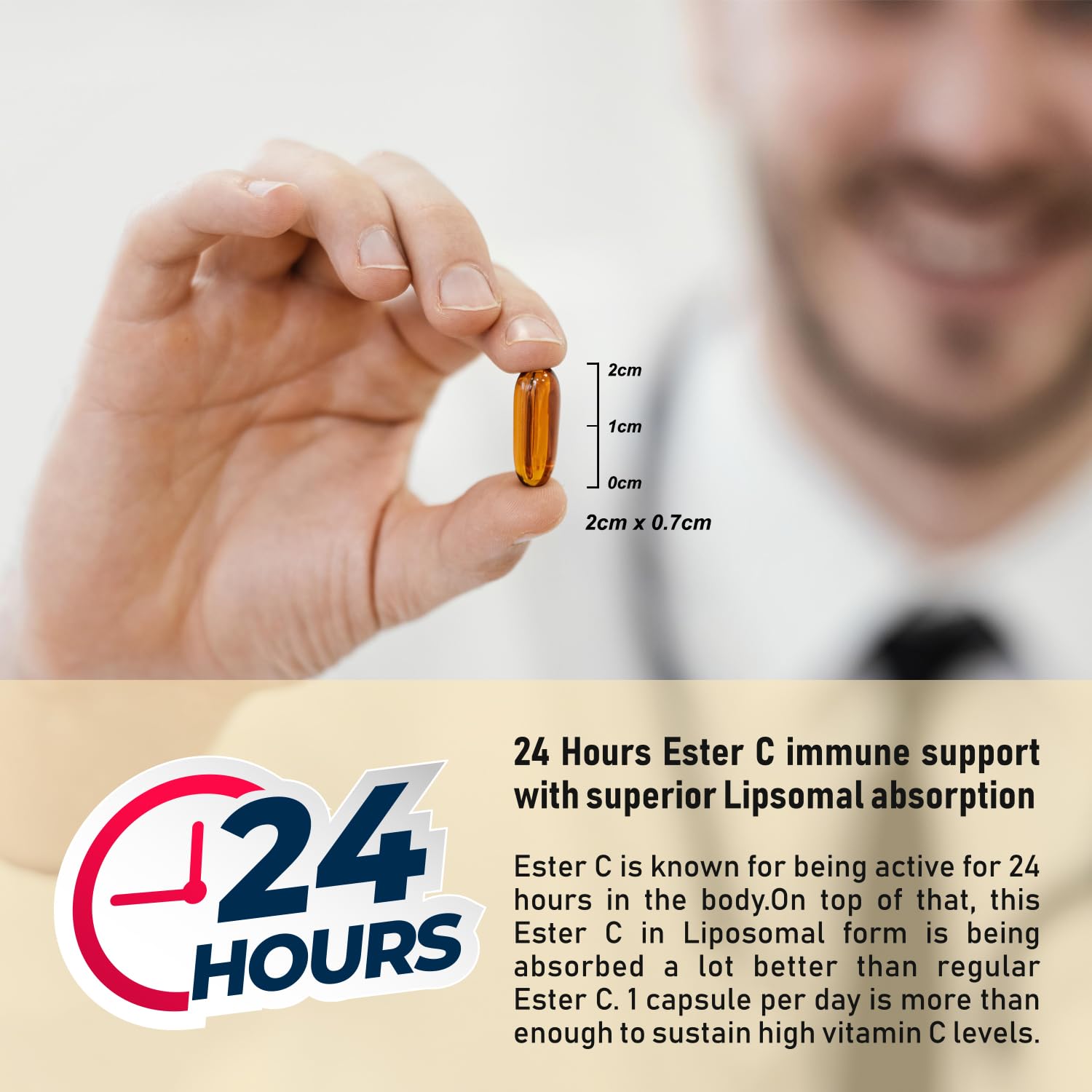 Procapsin Liposomal Ester capsules image emphasizes stomach-friendly, non-acidic formula.