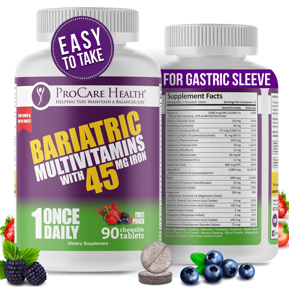 ProCare Health bariatric multivitamin fruit punch bottle for easy daily post-surgery nutrition.