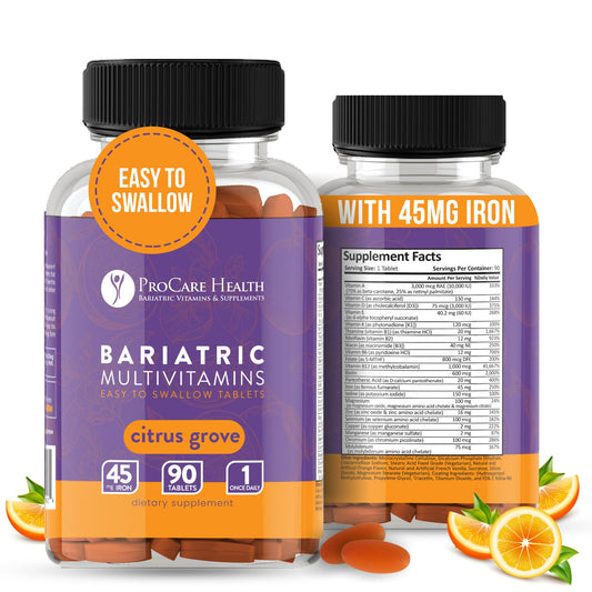 ProCare Health bariatric multivitamin bottle front view with 90 tablets for post-op nutrition.