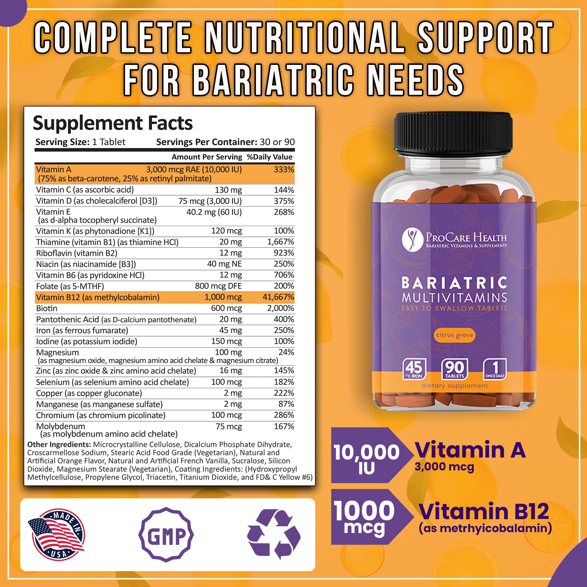 ProCare Health bariatric multivitamin bottle label showing iron content and nutrient profile.