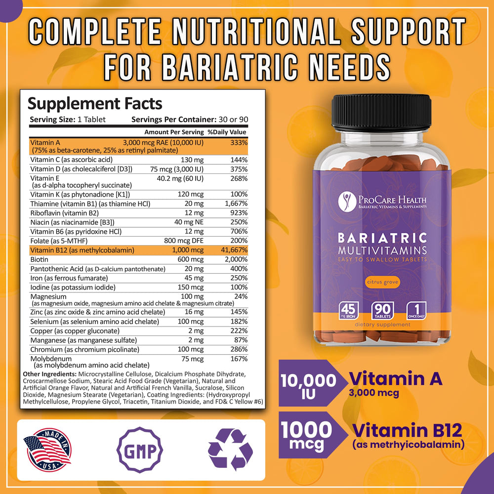 ProCare Health bariatric multivitamin bottle label showing iron content and nutrient profile.