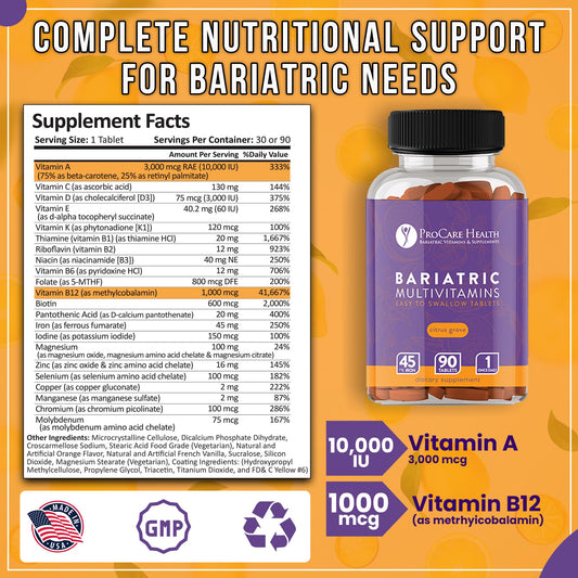 ProCare Health bariatric multivitamin bottle label showing iron content and nutrient profile.