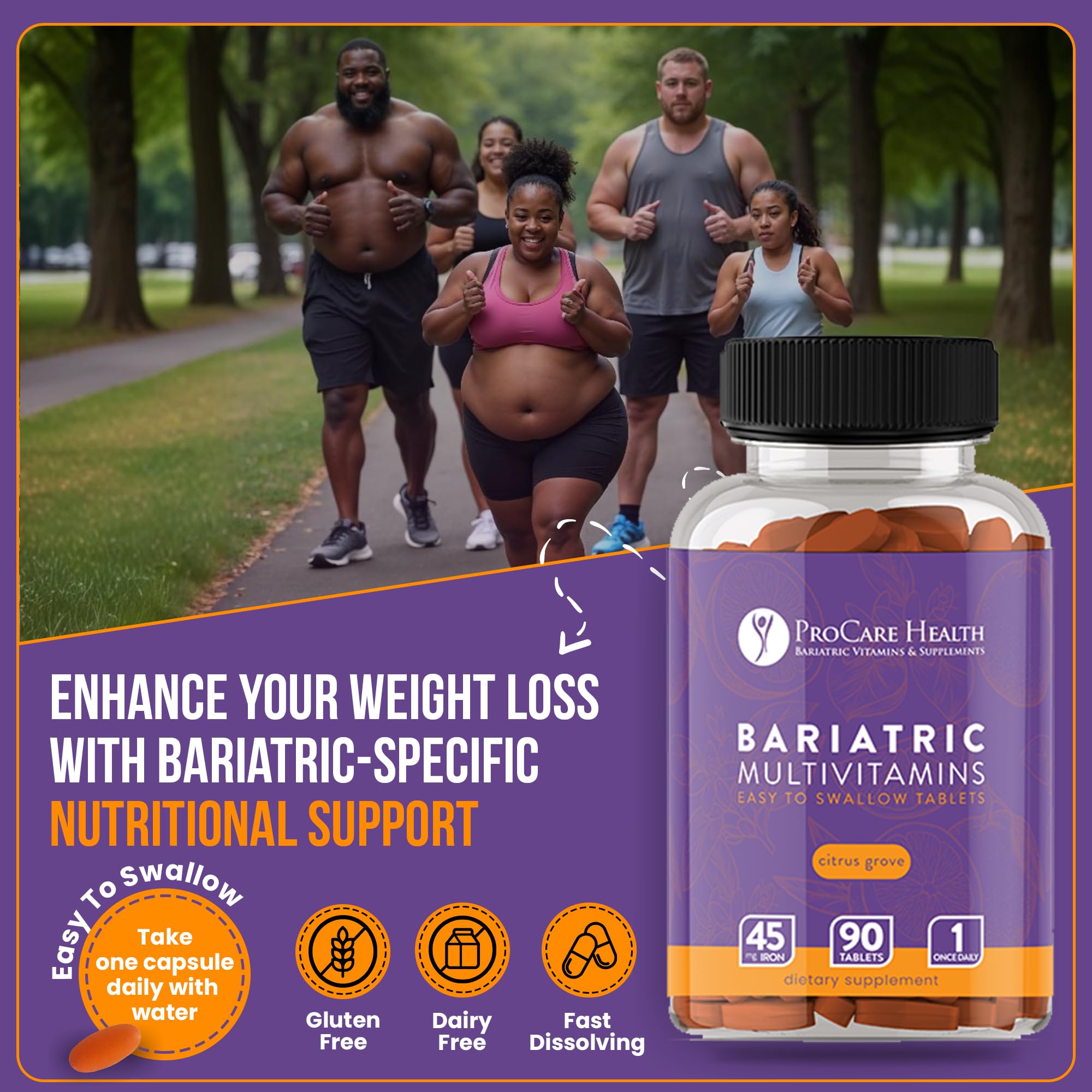 Bottle pour scene of ProCare Health bariatric multivitamin with iron 45mg.
