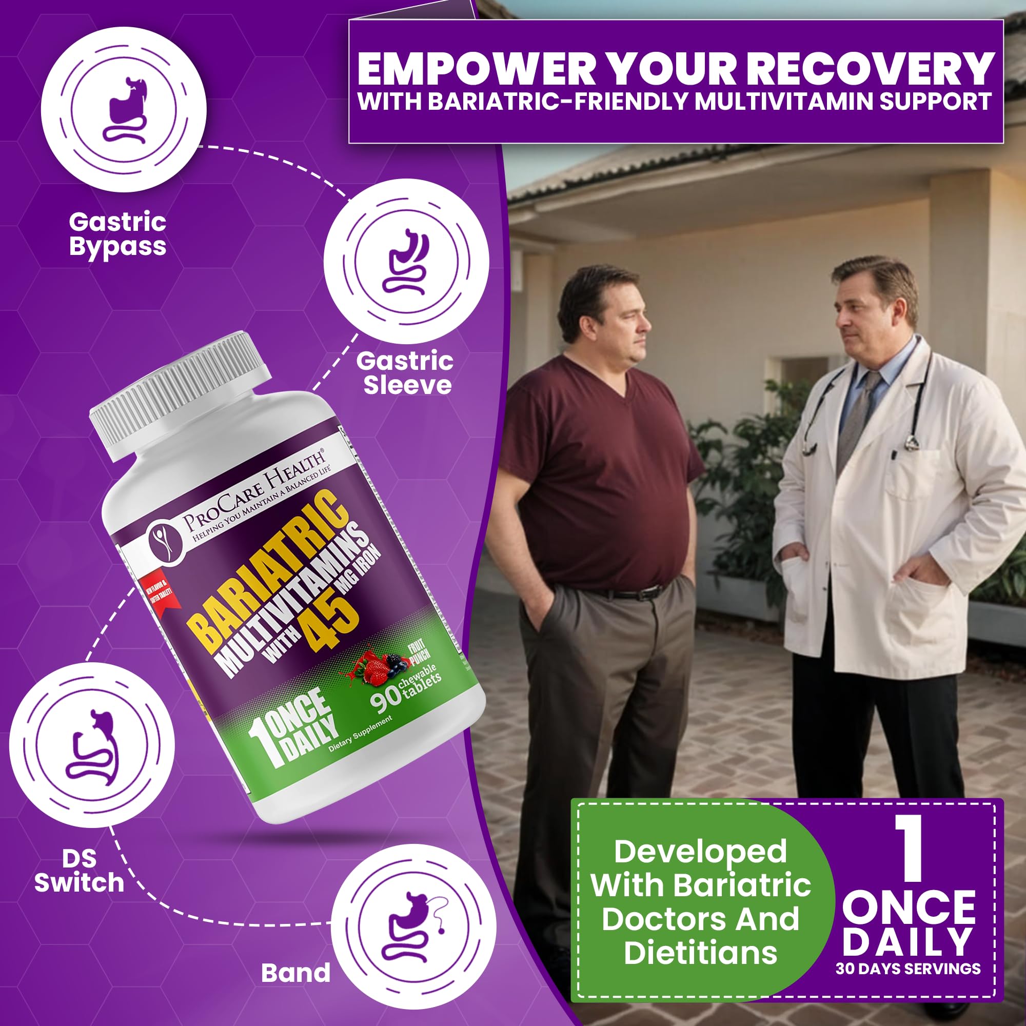 Iron 45 mg chewable tablet detail supports post-surgery iron intake.