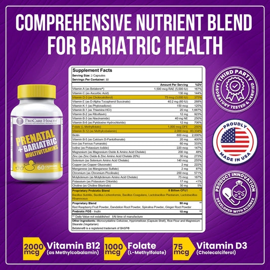 ProCare Health prenatal bariatric multivitamin capsules close-up showing iron and folate support