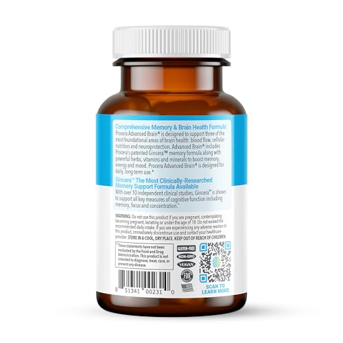 Procera Advanced Brain bottle label close-up highlighting ingredients and benefits for memory and focus