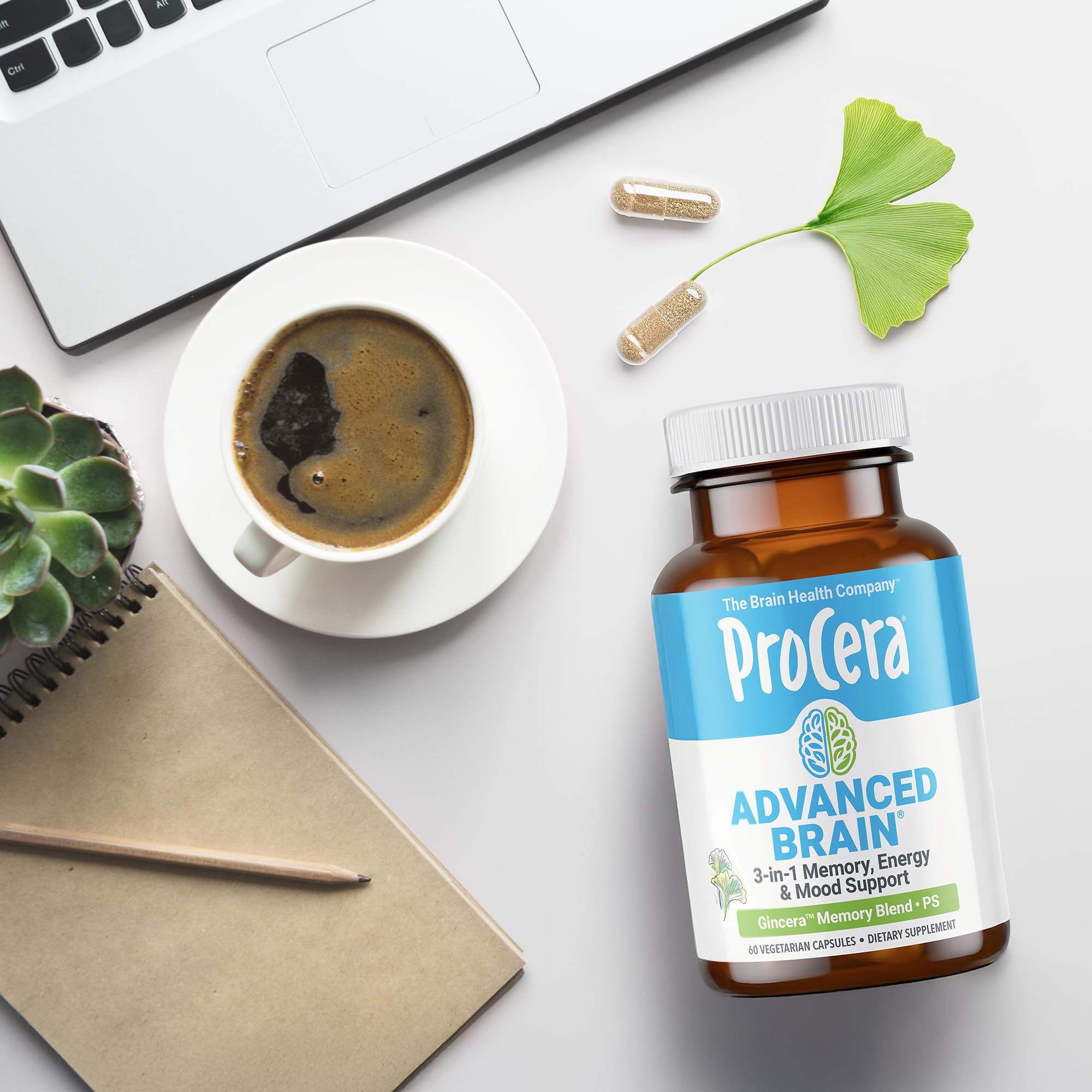 Procera Advanced Brain on a desk workspace to promote concentration during work
