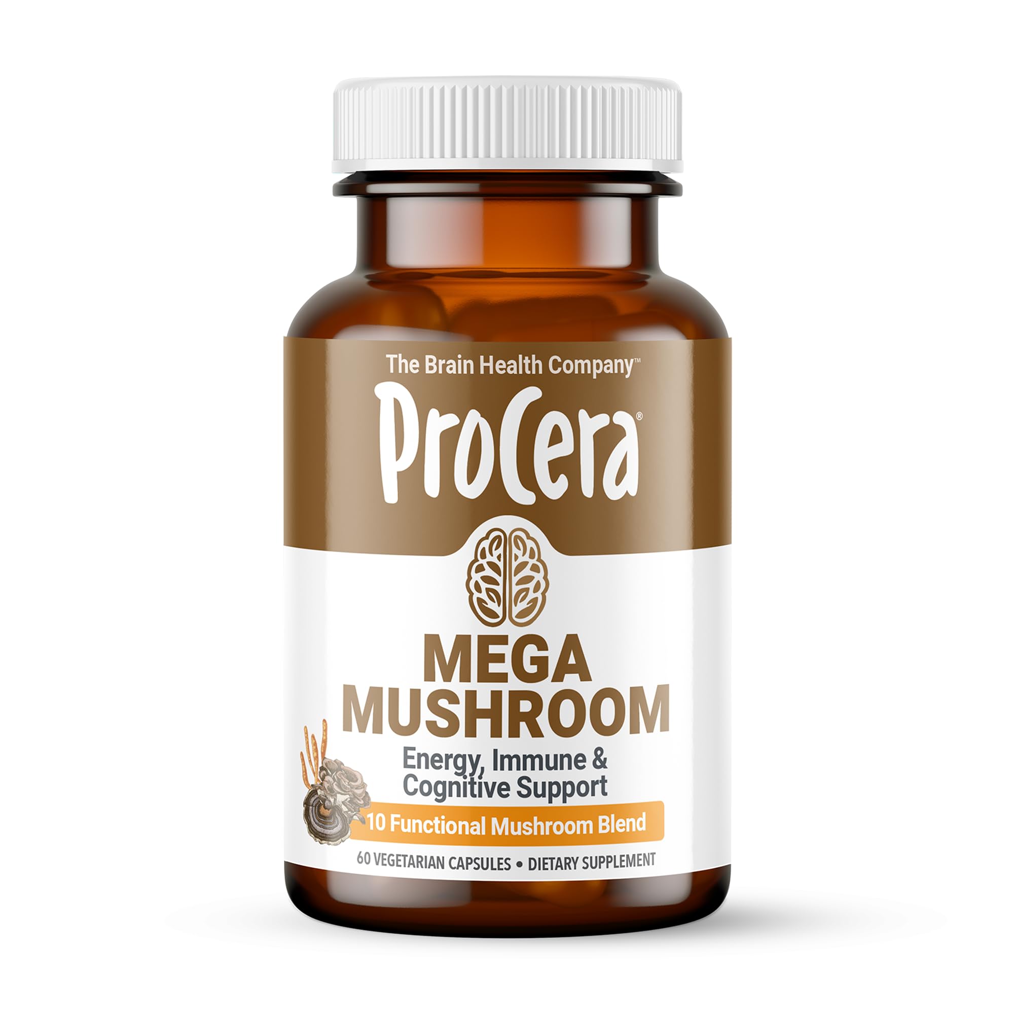 Procera Mega Mushroom bottle label highlighting cognitive support.
