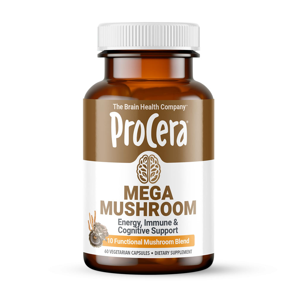 Procera Mega Mushroom bottle label highlighting cognitive support.