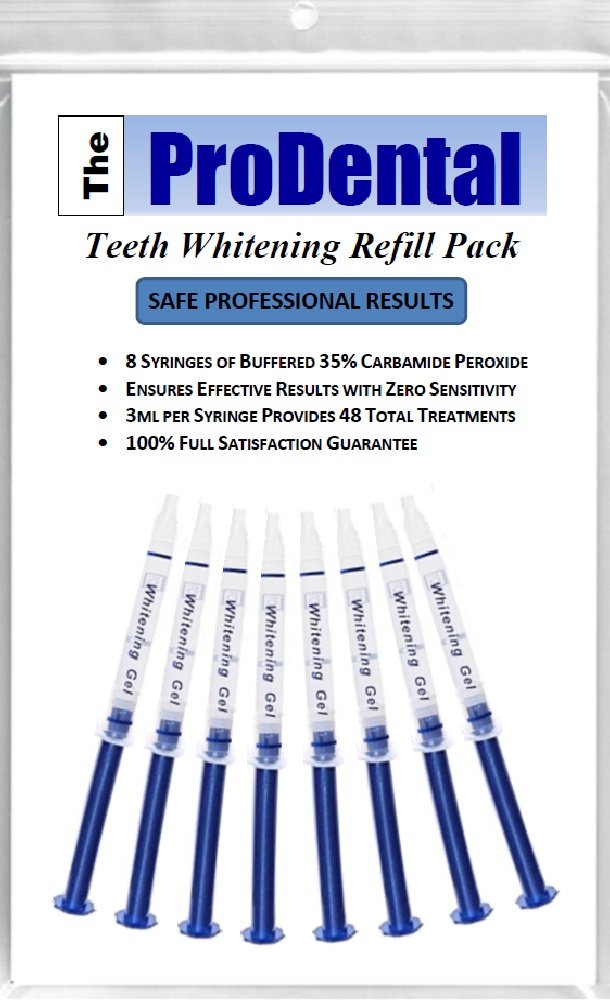 Prodental teeth whitening syringe 8-pack for at-home whitening with precise dosing.