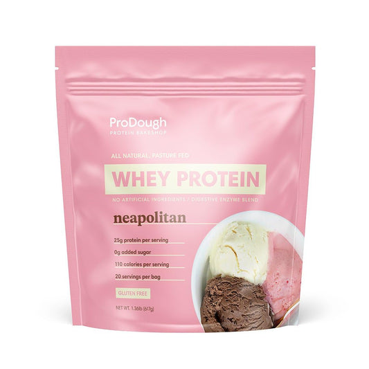 ProDough Gourmet whey isolate bag front showcases premium protein for daily shakes and quality ingredients.
