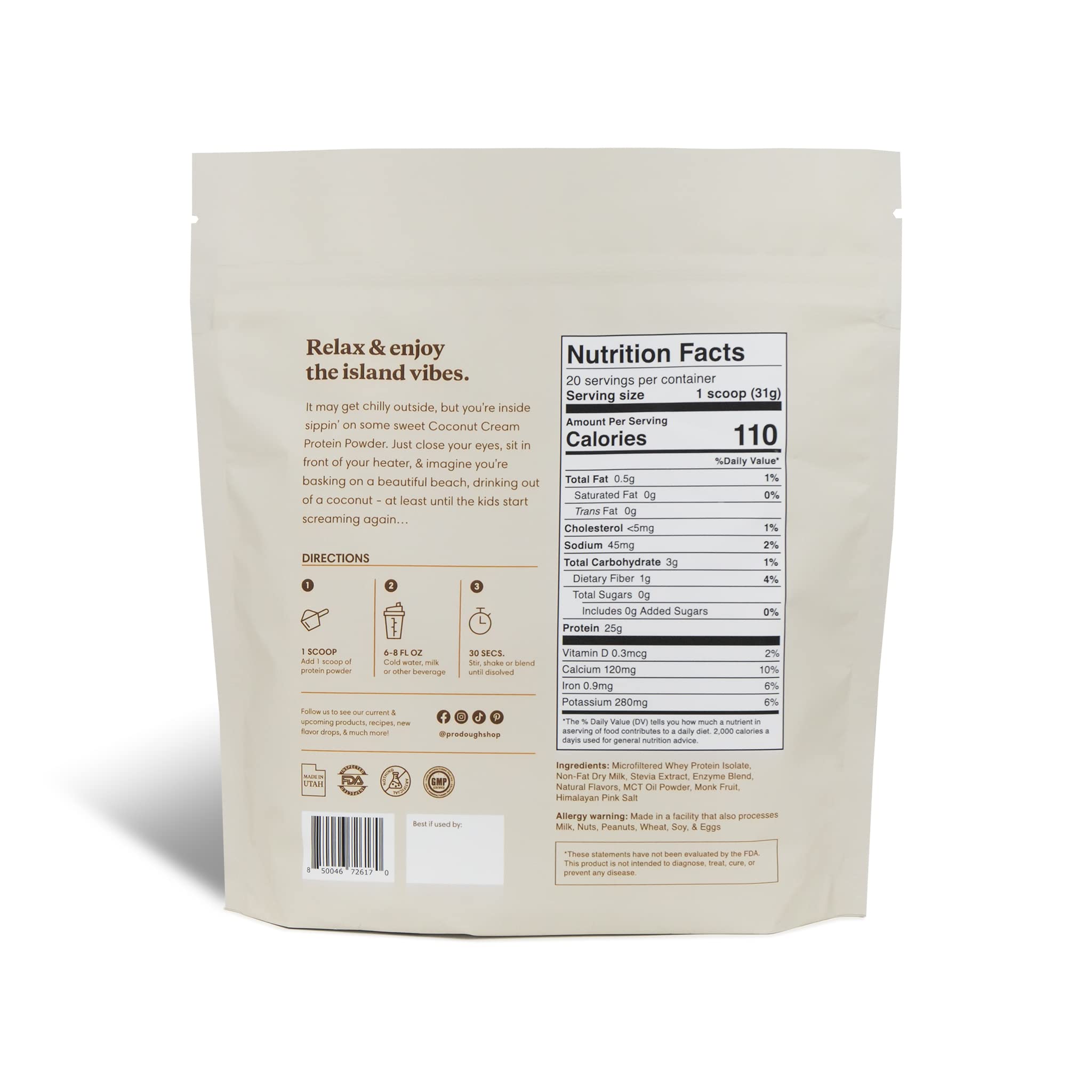 ProDough Gourmet Whey Isolate powder scoop shows precise serving for consistent shakes.