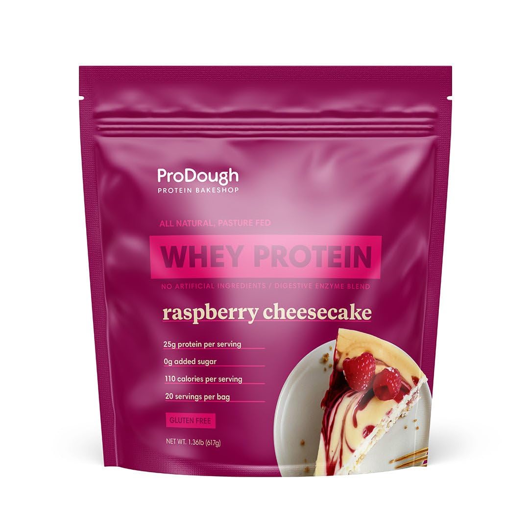 ProDough Gourmet Whey Isolate Raspberry Cheesecake jar offers rich aroma for a satisfying shake.