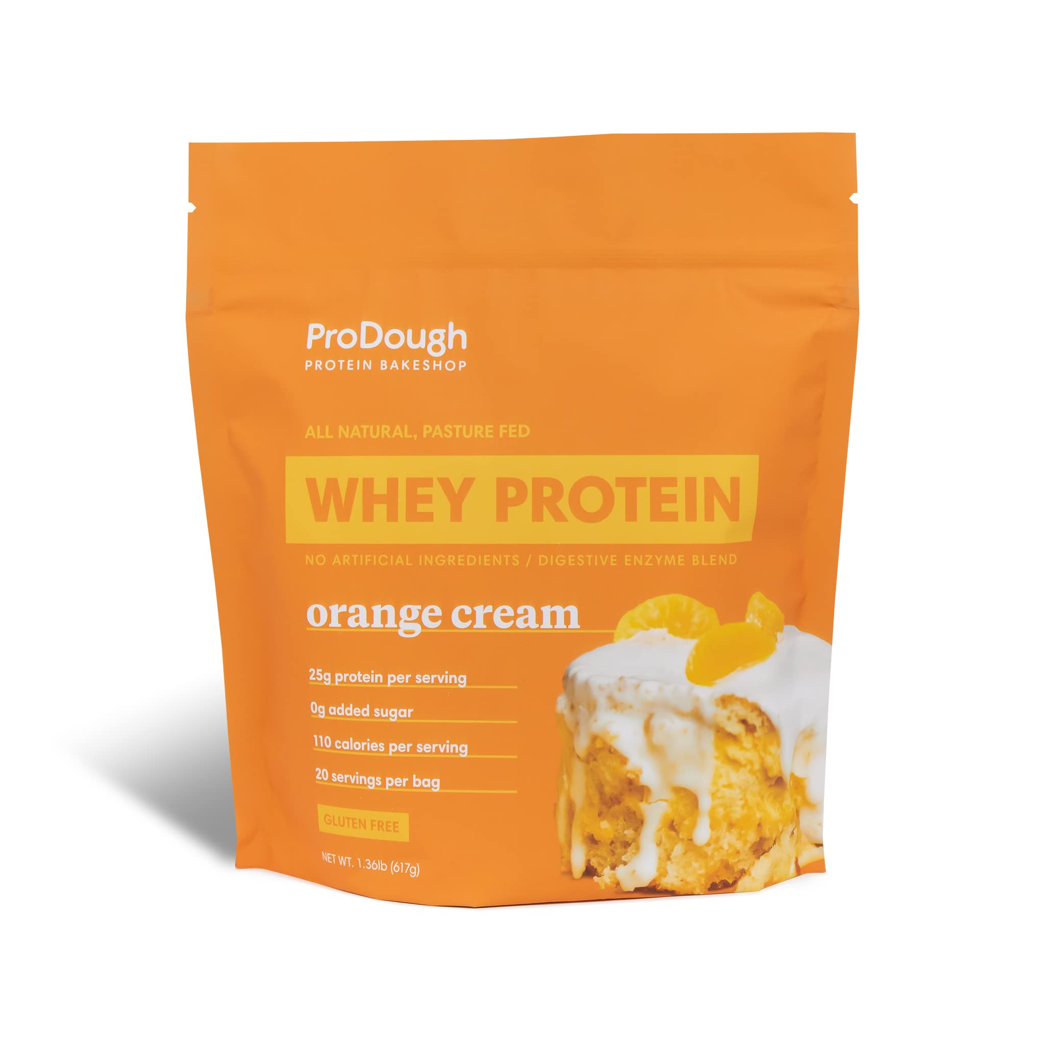 ProDough Orange Cream whey protein jar showcases premium blend for post-workout recovery.