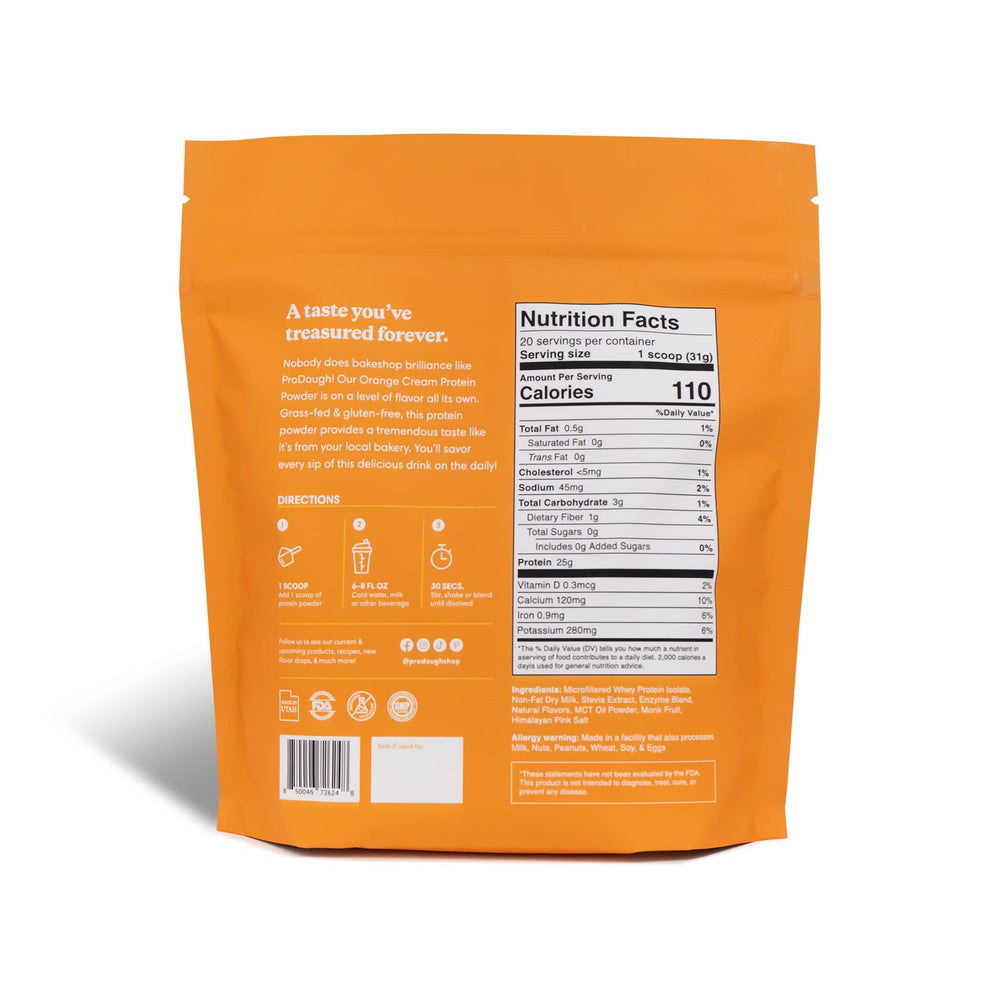 ProDough Orange Cream whey scoop ready for quick, convenient shakes.