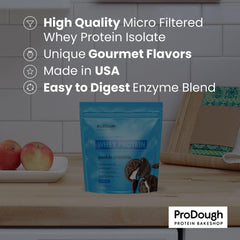ProDough pouring shot hints at easy, quick protein shakes.