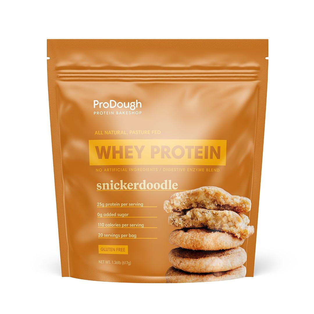 ProDough Snickerdoodle whey isolate bag showing gourmet protein packaging and gluten-free formula