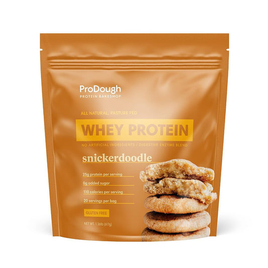 ProDough Snickerdoodle whey isolate bag showing gourmet protein packaging and gluten-free formula