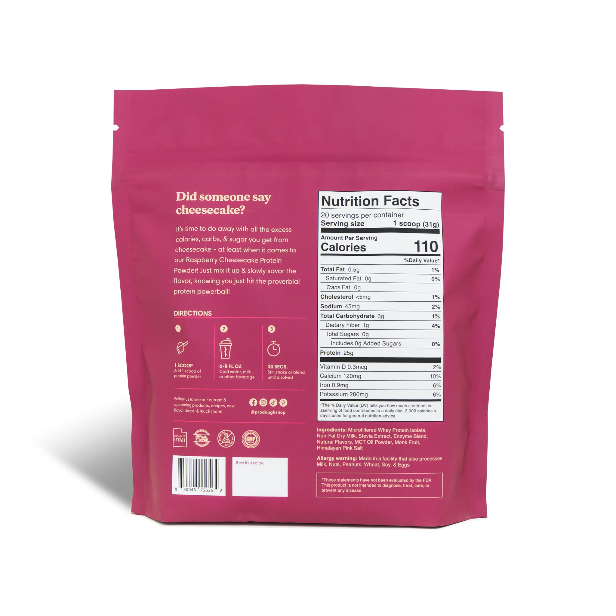 ProDough whey isolate enzyme blend label indicates easy digestion benefits.