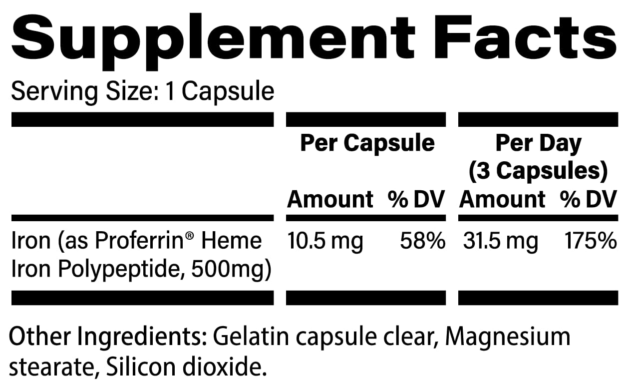 Proferrin Clear dye-free capsule close-up; designed for easier gut compatibility.
