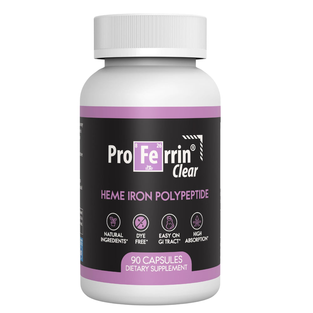 Proferrin Clear capsules bottle shown; supports natural iron intake for daily energy.