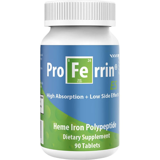 Proferrin ES bottle with pour demonstrates easy dosing for daily iron support.