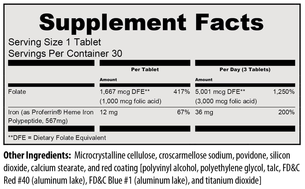 Proferrin Forte tablets closeup showing 12 mg heme iron polypeptide