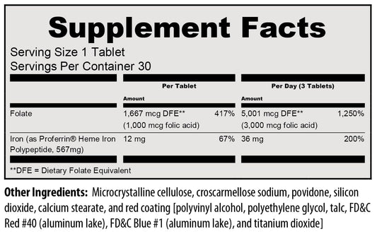 Proferrin Forte tablets closeup showing 12 mg heme iron polypeptide