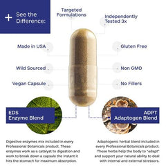 Professional Botanicals Stress Complex label highlighting adaptogens for energy and resilience.