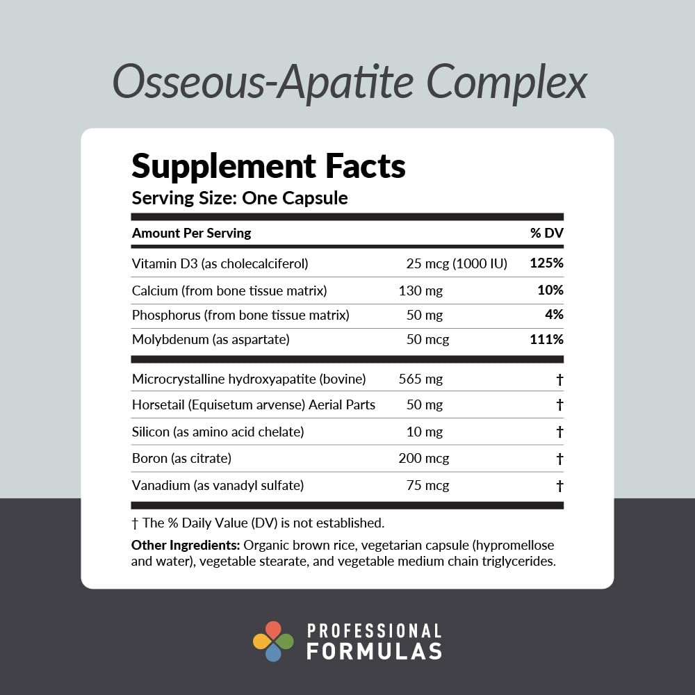 PROFESSIONAL COMPLEMENTARY HEALTH FORMULAS Osseous-Apatite capsules close-up, highlighting mineral blend for bone strength.