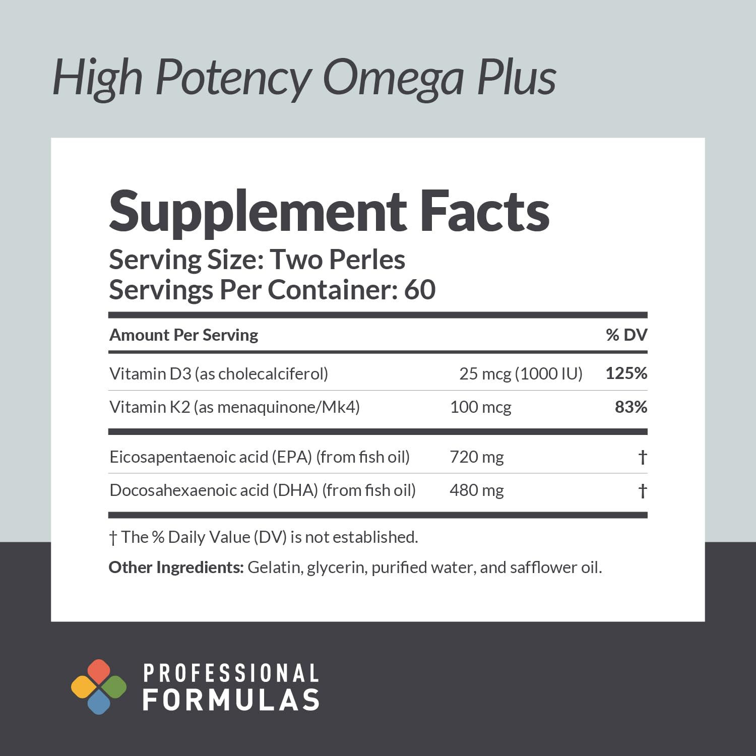 Omega Plus label closeup showing D3 and K2 vitamins for bone health