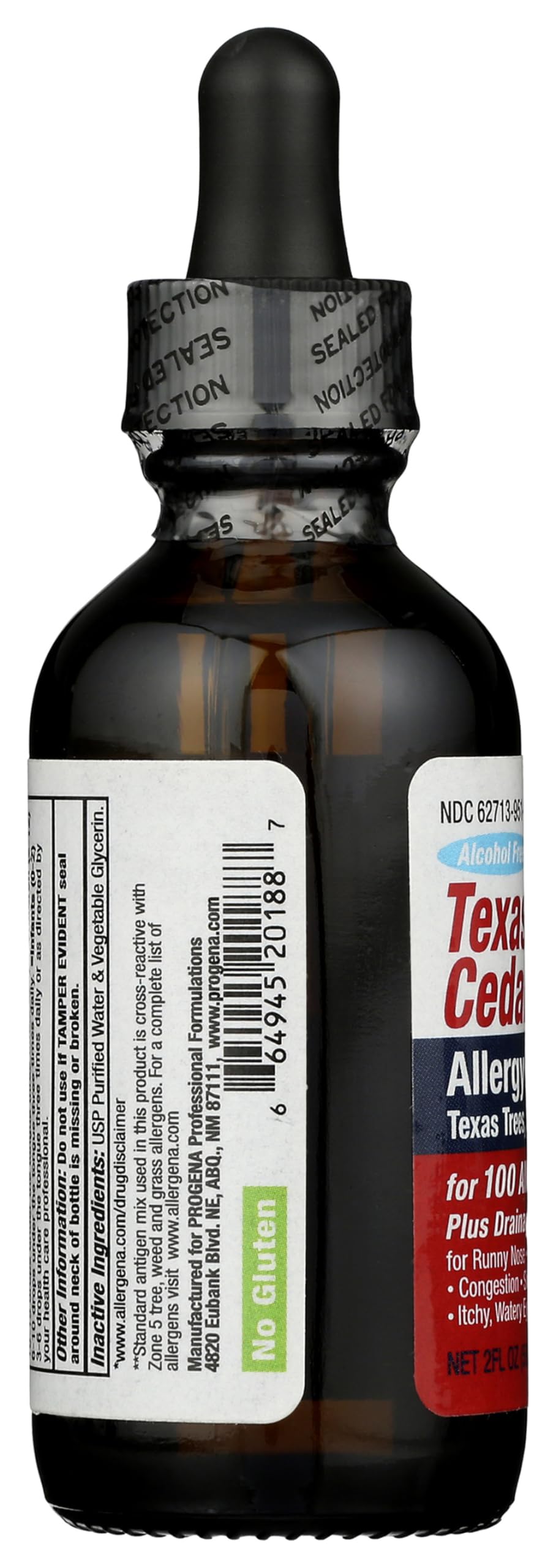 Herbal ingredients section of PROGENA Allergena Texas Cedar Fever