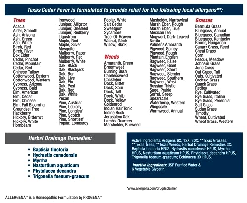 PROGENA Allergena label detail shows herbal blend for cedar fever