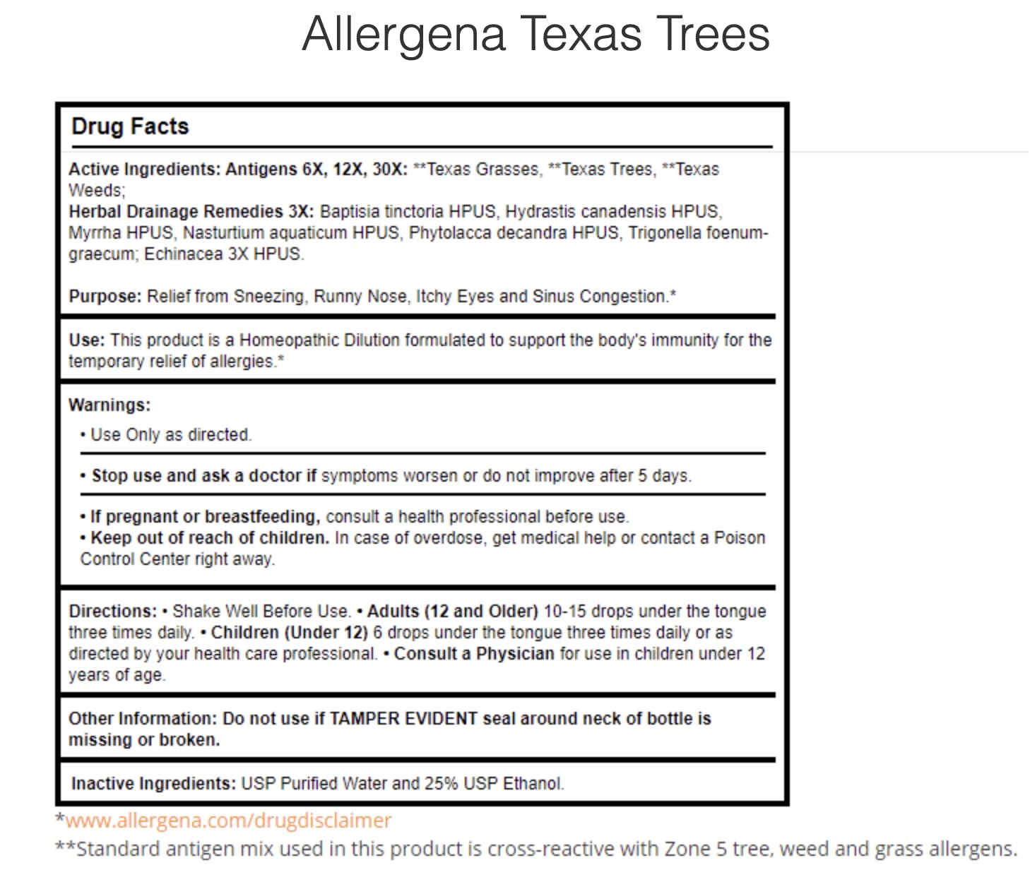 PROGENA Allergena Texas Trees ingredients panel shows gluten-free, non-GMO notes.