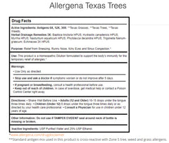 PROGENA Allergena Texas Trees ingredients panel shows gluten-free, non-GMO notes.