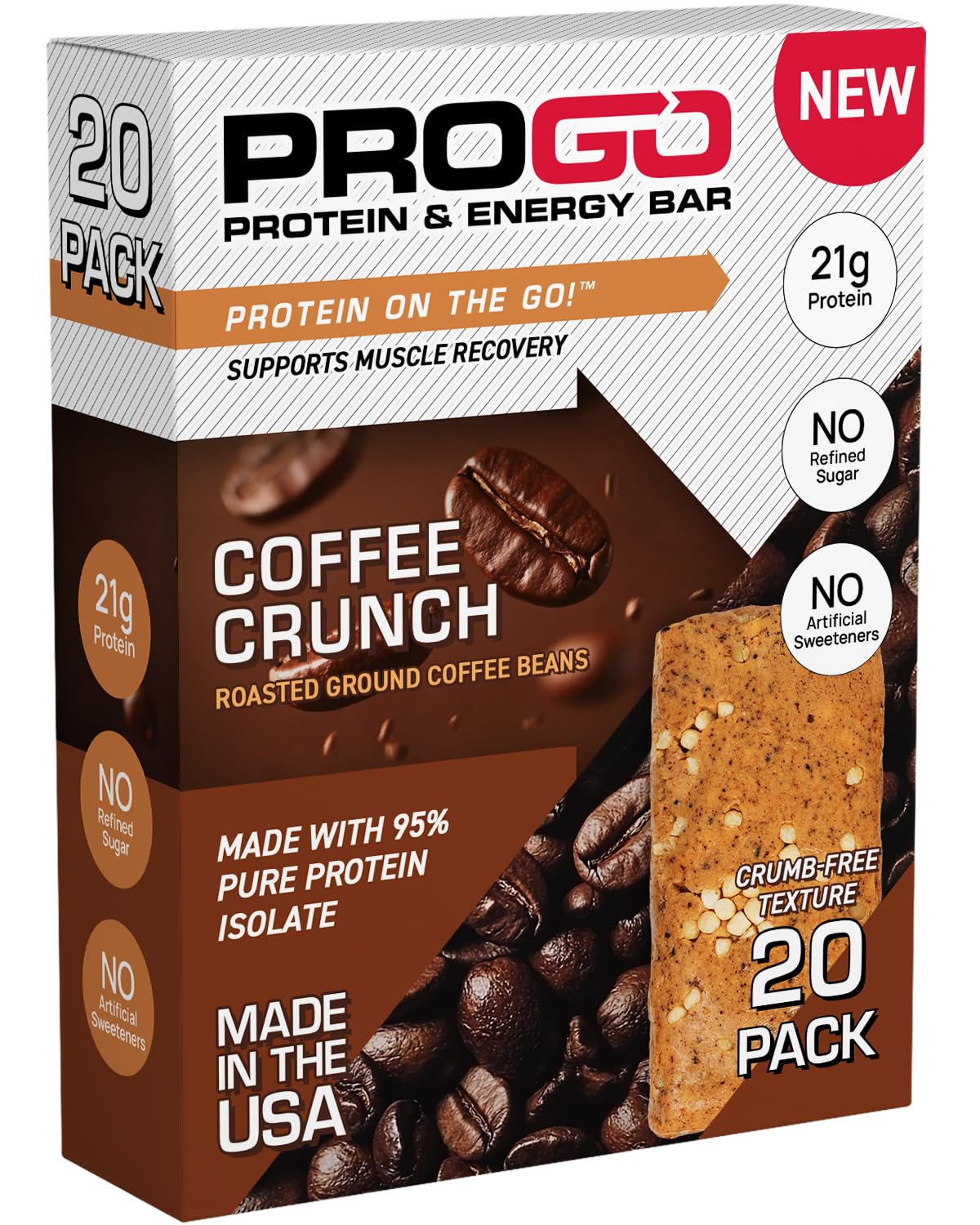 ProGo Coffee Crunch bar packaging highlights real ingredients and energy.