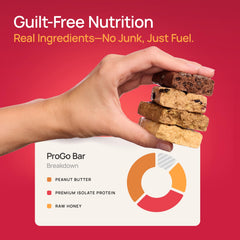 ProGo low calorie bar image emphasizes 180 calories per bar.