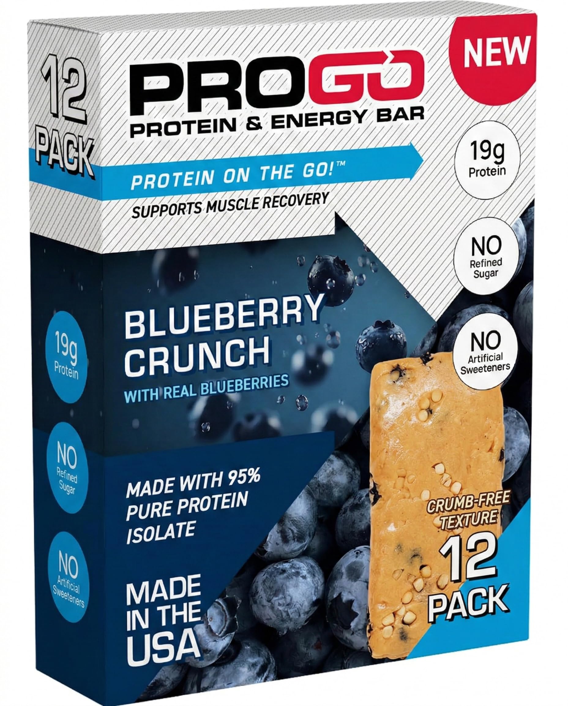 ProGo Blueberry Crunch bar front view shows real ingredients and satisfying energy