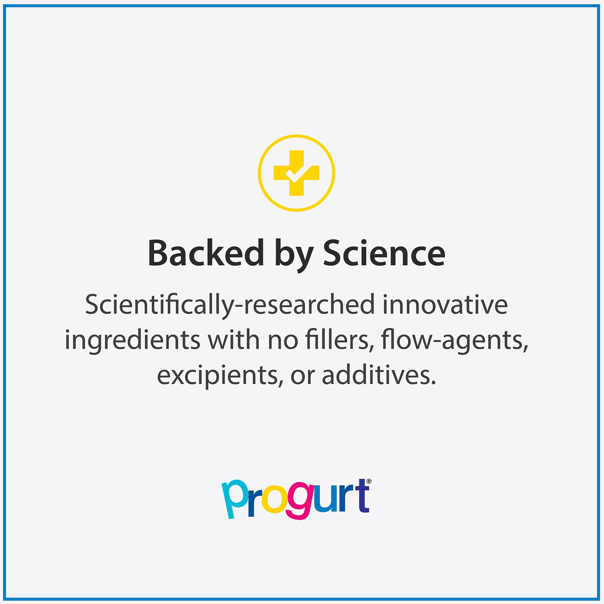 PROGURT vegan gluten-free badge signals allergen-free formula for sensitive stomachs.
