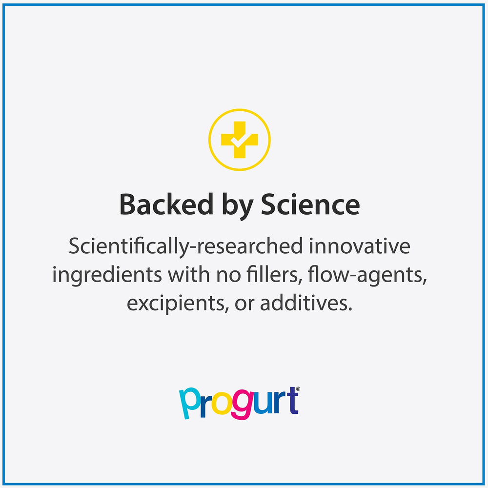 PROGURT vegan gluten-free badge signals allergen-free formula for sensitive stomachs.