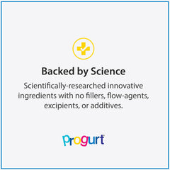 PROGURT vegan gluten-free badge signals allergen-free formula for sensitive stomachs.