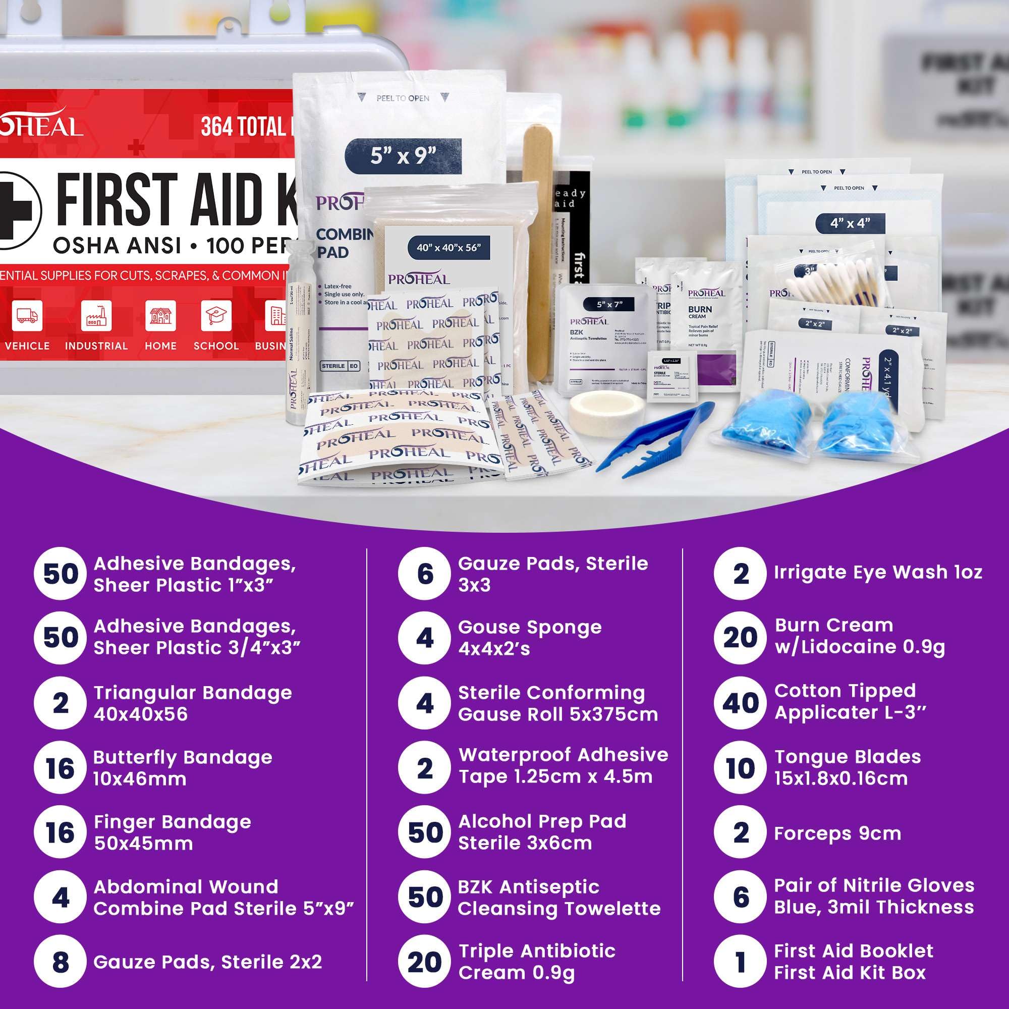 ProHeal 364-piece supplies array including gauze, bandages, eye wash, and creams.