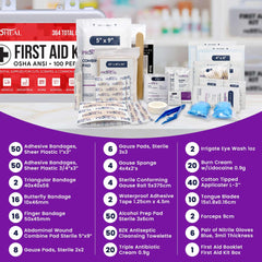 ProHeal 364-piece supplies array including gauze, bandages, eye wash, and creams.