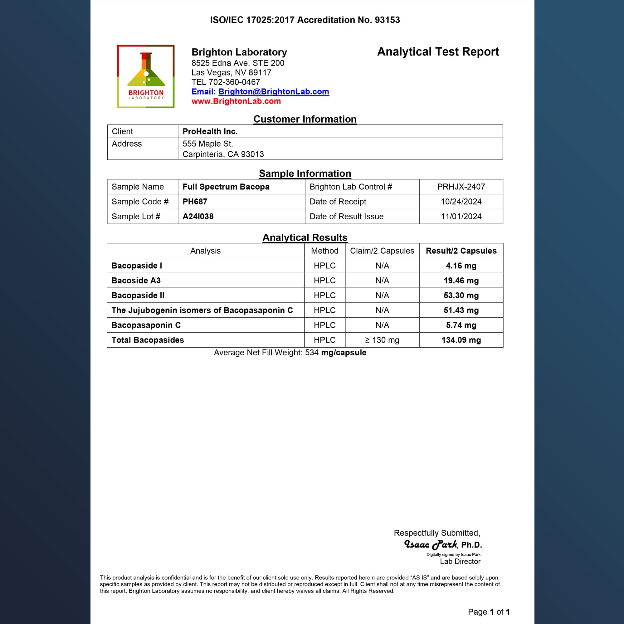 ProHealth Bacopa label closeup shows full-spectrum formula for stress balance.