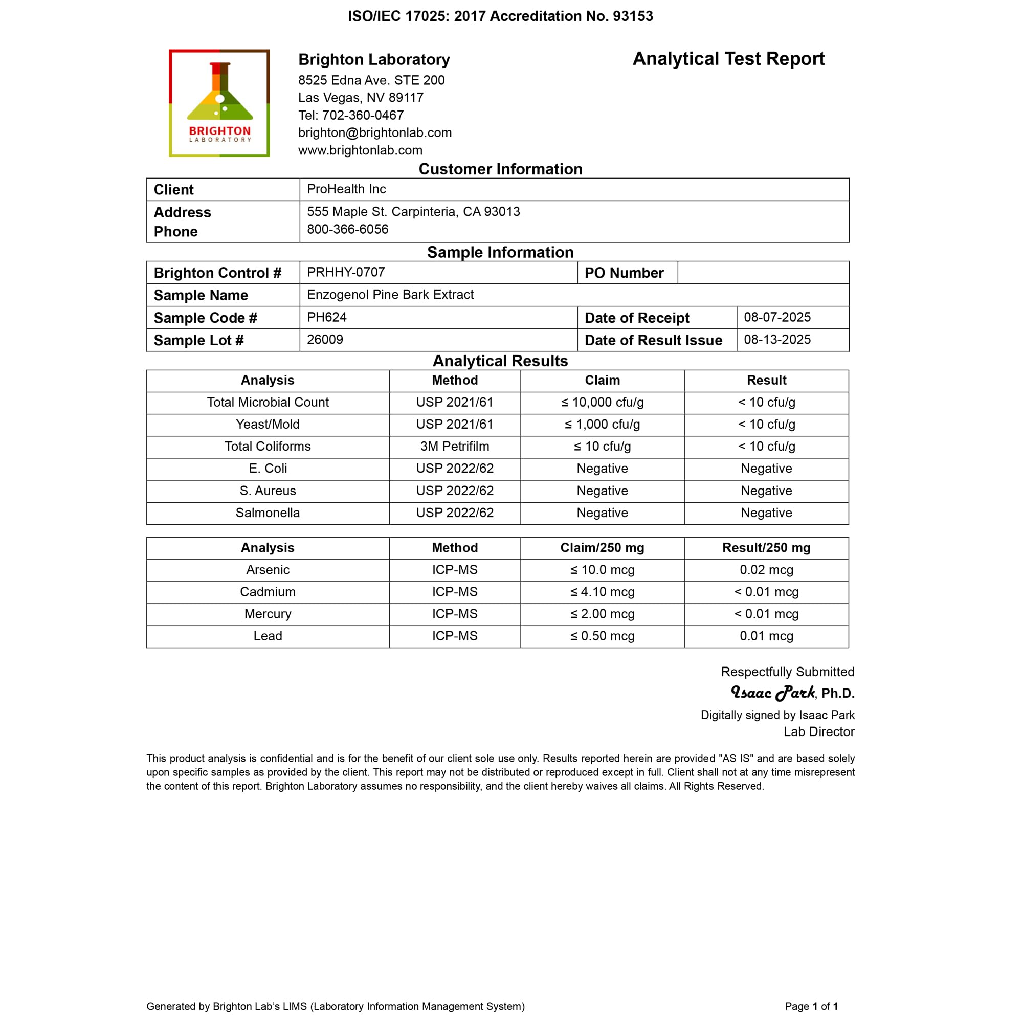 ProHealth Enzogenol pine bark extract with third-party testing transparency.