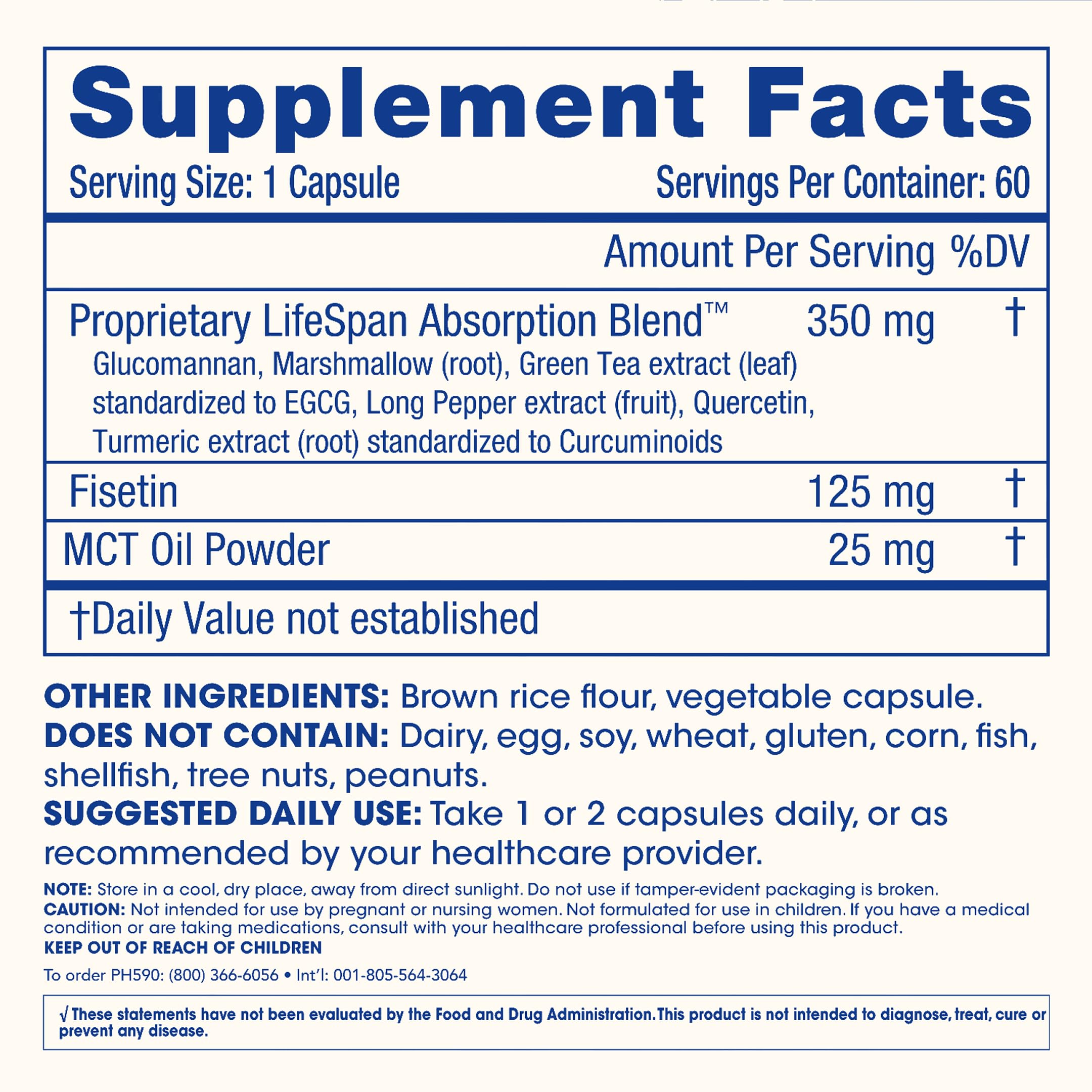 ProHealth Fisetin Pro Longevity Plus label highlighting green tea and turmeric icons